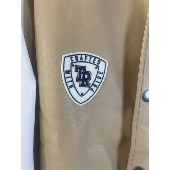 True Religion Varsity Patch Bomber Jacket Men Two Tone Beige/White SIZE Medium - Picture 6 of 13